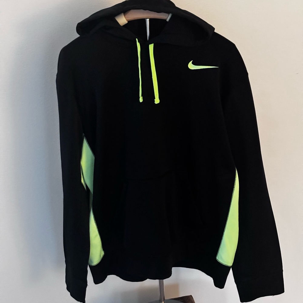 Nike Men's Black Hoodie with Bright Green Highlights